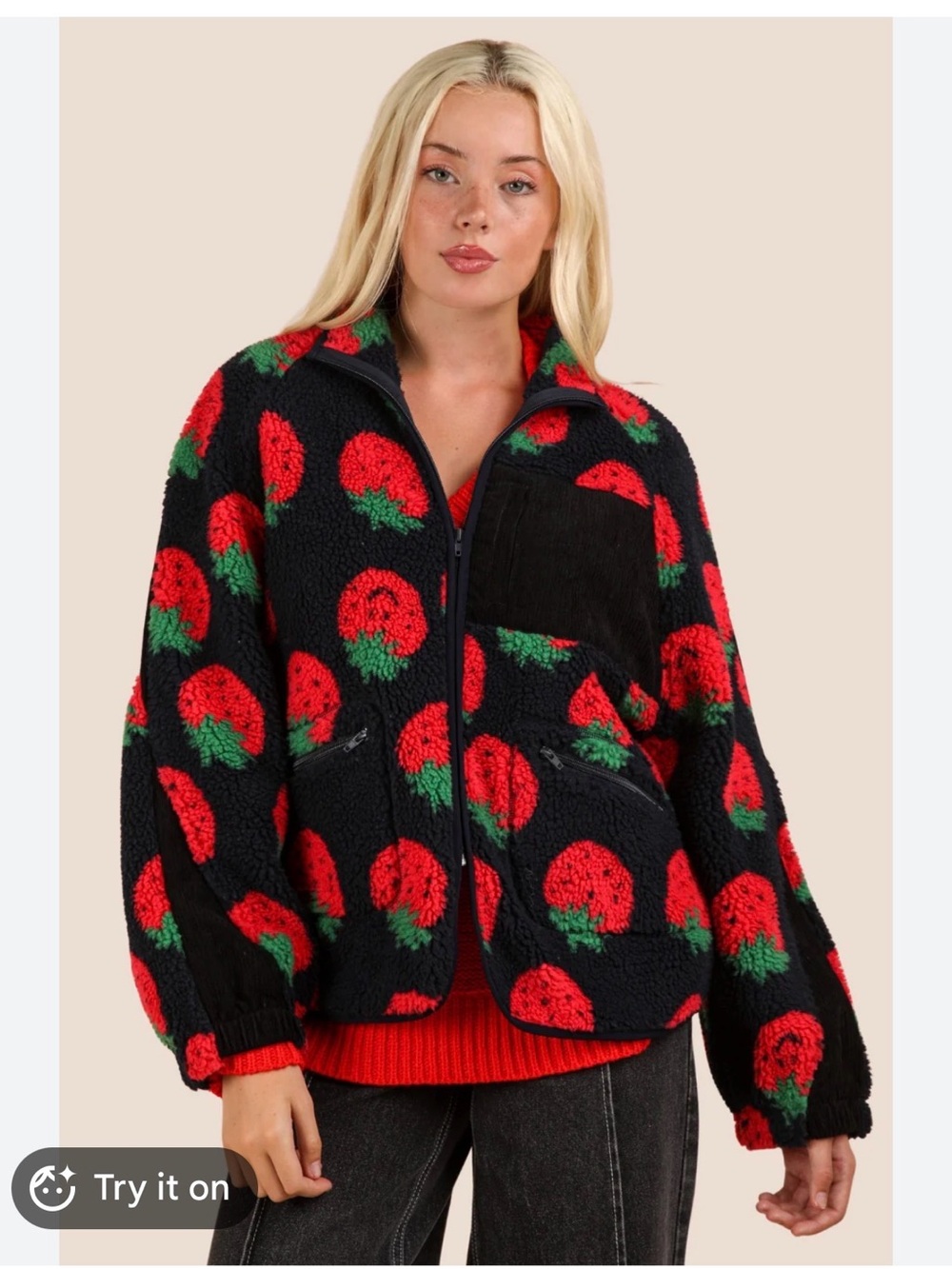 Boutique Talaluh Sherpa Strawberry Fleece Zio Up Jacket Size M Oversized